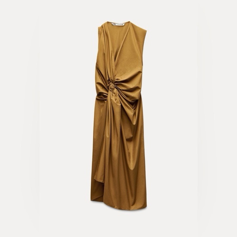NWT Zara Women Mustard knotted asymmetrical sleevless midi poplin dress in M